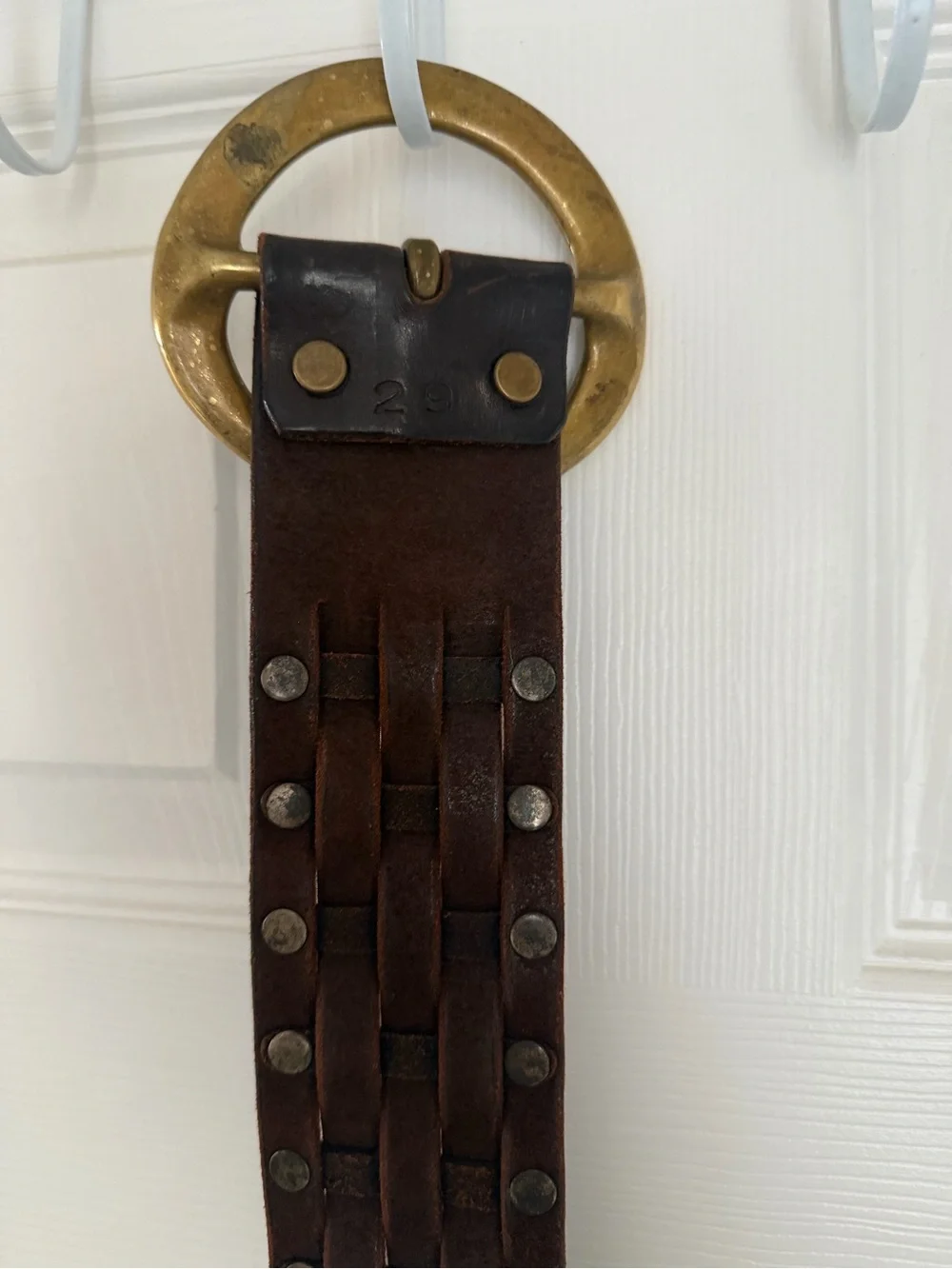 Vintage Brown Woven Genuine Leather Wide Belt Brass Ring Boho Western